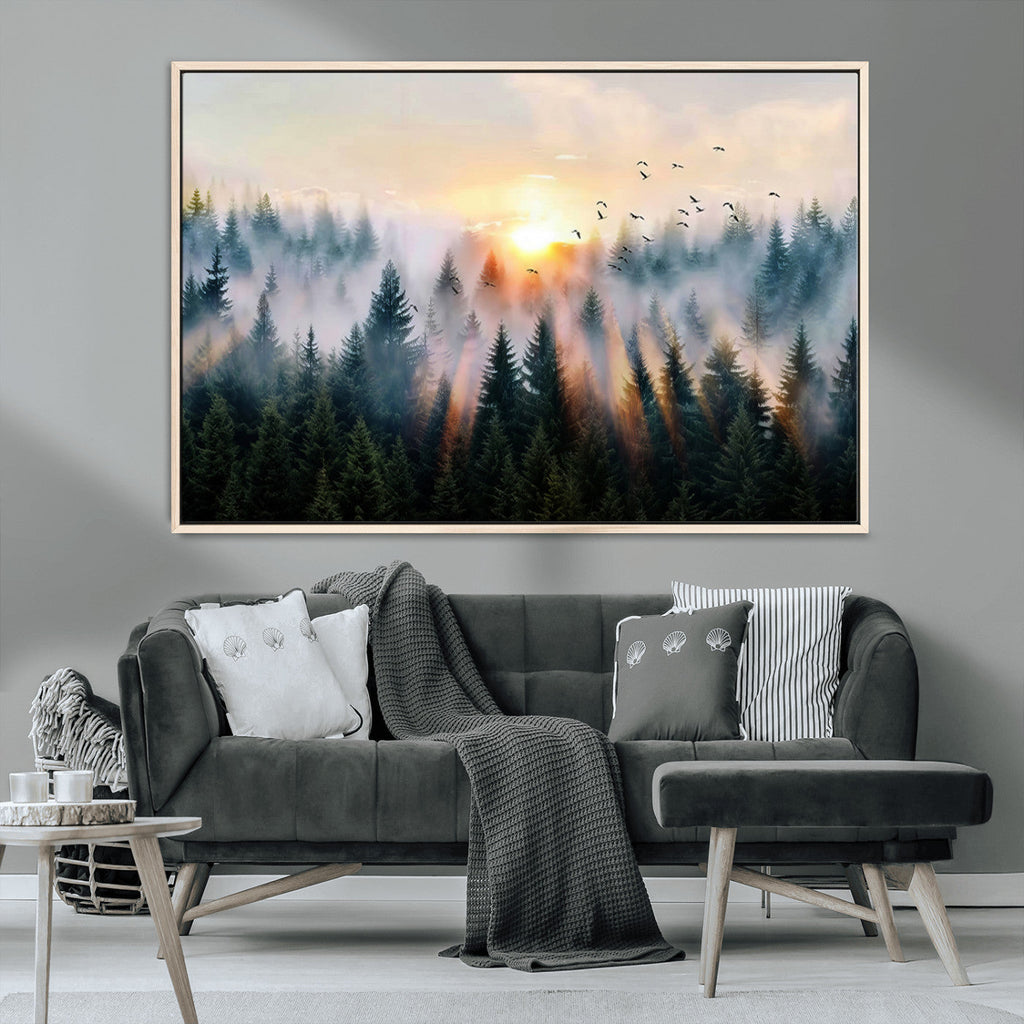 Abstract Forest Wall Art, Serene Nature Canvas Print with Misty Forest Design for Modern Home Decor