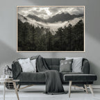 Moody Forest Wall Art | Framed Mountain Fog Canvas Artwork