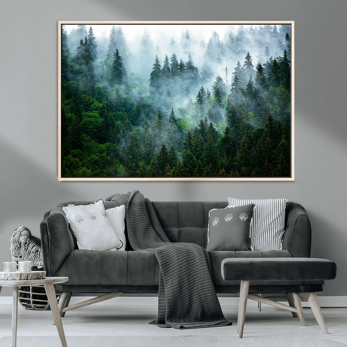 Misty Forest Wall Art Canvas Print, Framed Foggy Mountain Art, Large Scenic Woodland Canvas