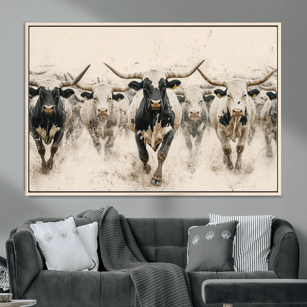 Texas Longhorn Wall Art | Framed Cattle Walking Canvas