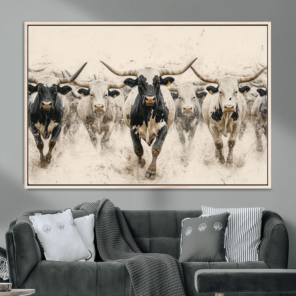 Texas Longhorn Wall Art | Framed Cattle Walking Canvas