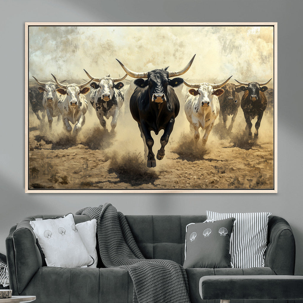 Texas Longhorn Wall Art | Framed Charging Cattle Canvas