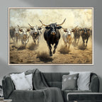 Texas Longhorn Wall Art | Framed Charging Cattle Canvas
