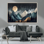 Moonlit Mountain Wall Art Canvas Print, Framed Silhouetted Pines Art, Layered Peaks Rustic Decor