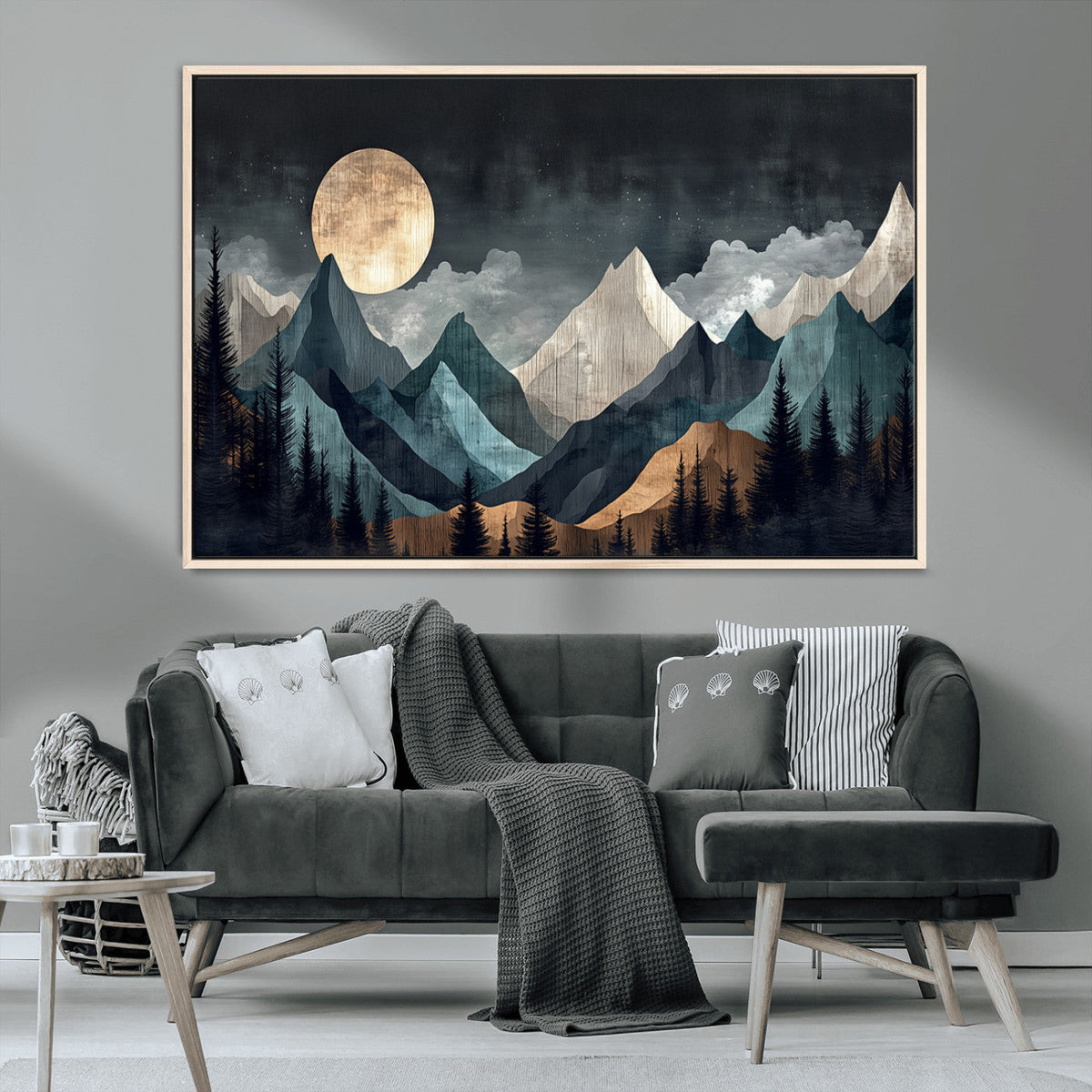 Moonlit Mountain Wall Art Canvas Print, Framed Silhouetted Pines Art, Layered Peaks Rustic Decor