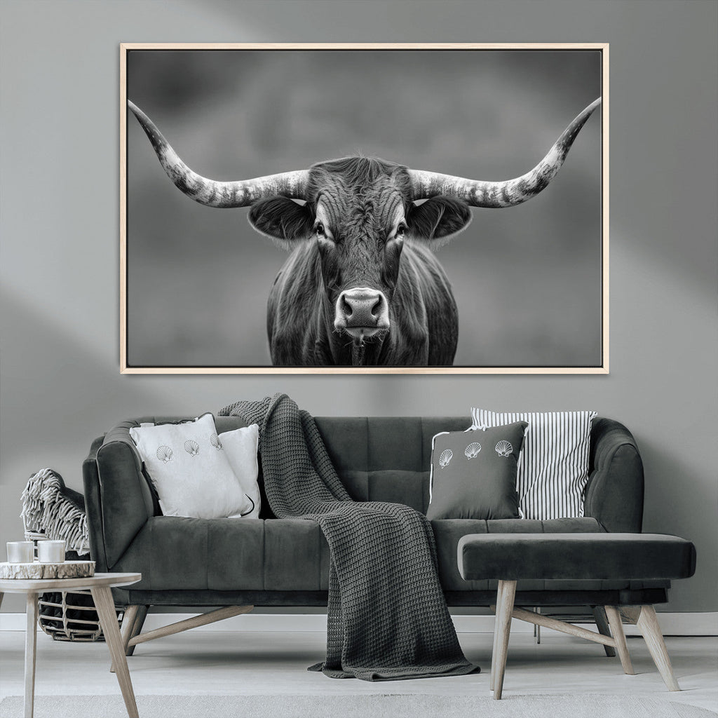Texas Longhorn Wall Art Canvas Print, Framed Western Bull Photography, Rustic Log Cabin Decor