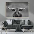 Texas Longhorn Wall Art Canvas Print, Framed Western Bull Photography, Rustic Log Cabin Decor