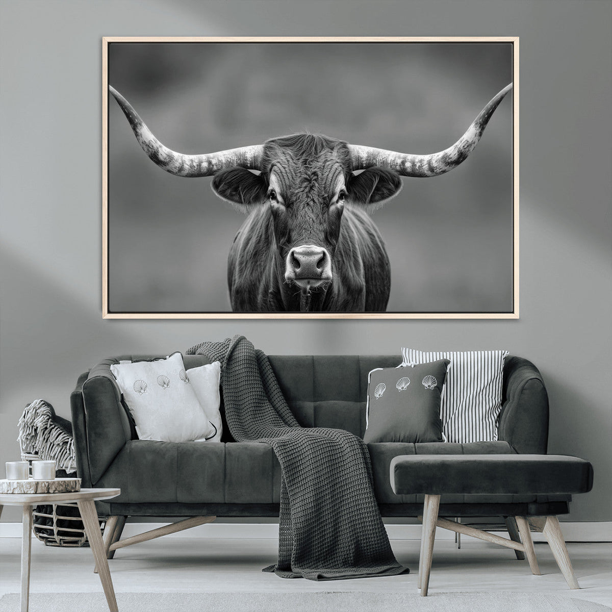 Texas Longhorn Wall Art Canvas Print, Framed Western Bull Photography, Rustic Log Cabin Decor
