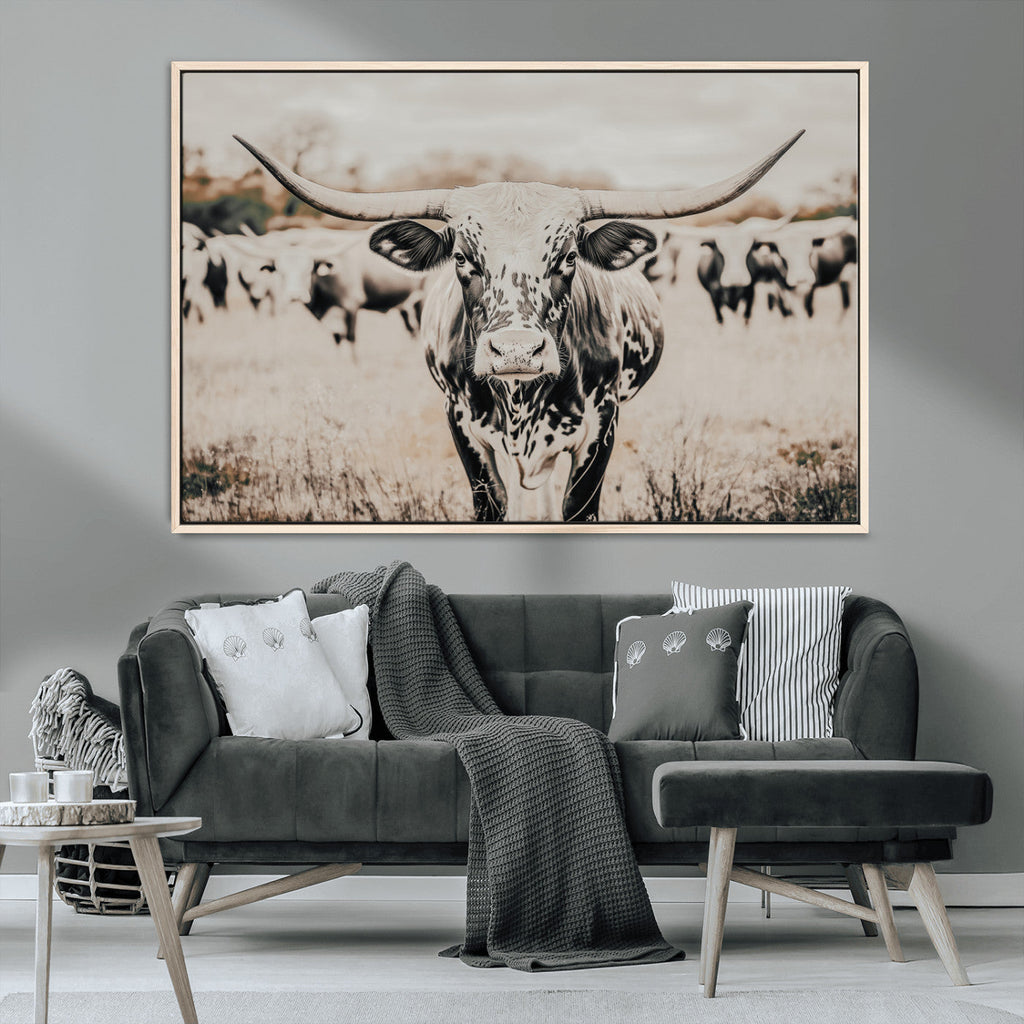 Texas Longhorn Wall Art Canvas Print | Framed Speckled Brown and White Bull
