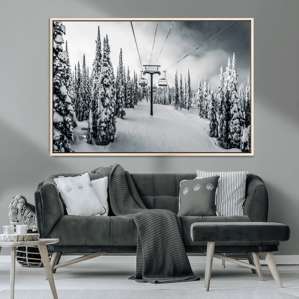 Snowy Pines Wall Art Canvas Print | Ski Lift in a Winter Forest