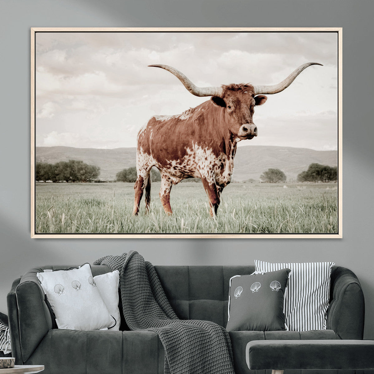 Texas Longhorn Wall Art | Framed Spotted Cattle Canvas