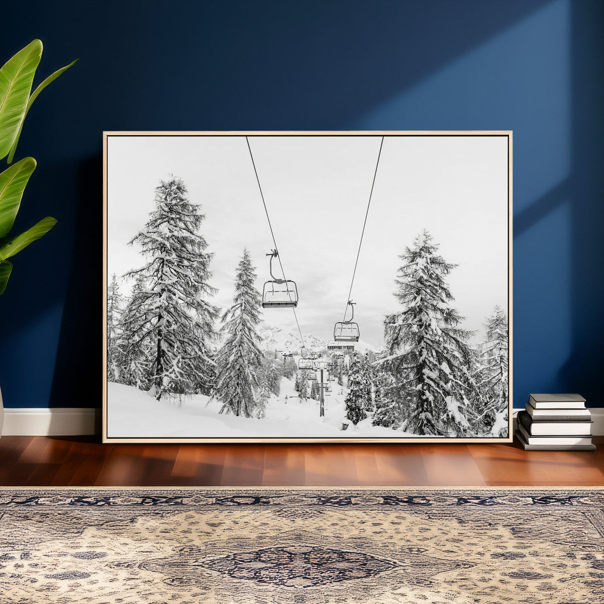 Snowy Ski Lift Wall Art | Framed Winter Forest Canvas