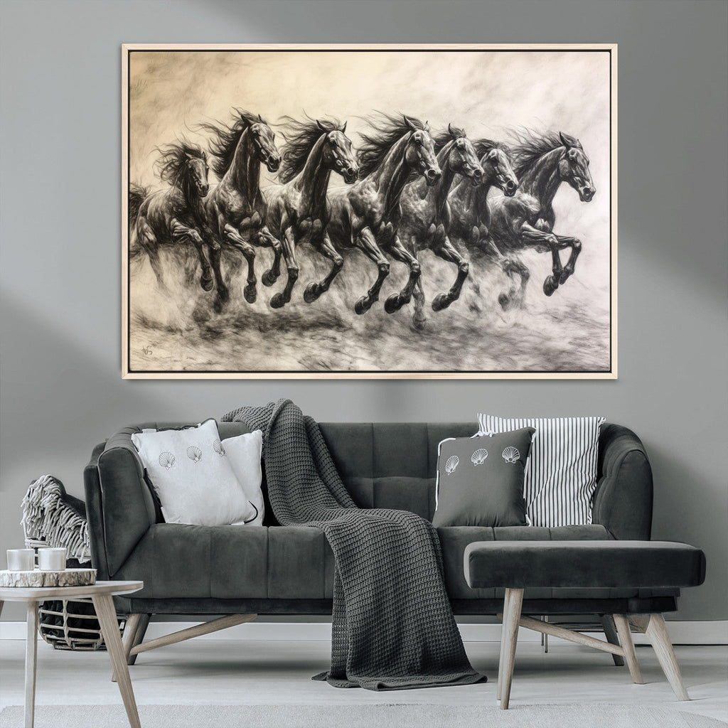 Running Horses Wall Art Canvas Print, Framed Monochrome Galloping Herd Sketch
