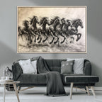 Running Horses Wall Art Canvas Print, Framed Monochrome Galloping Herd Sketch