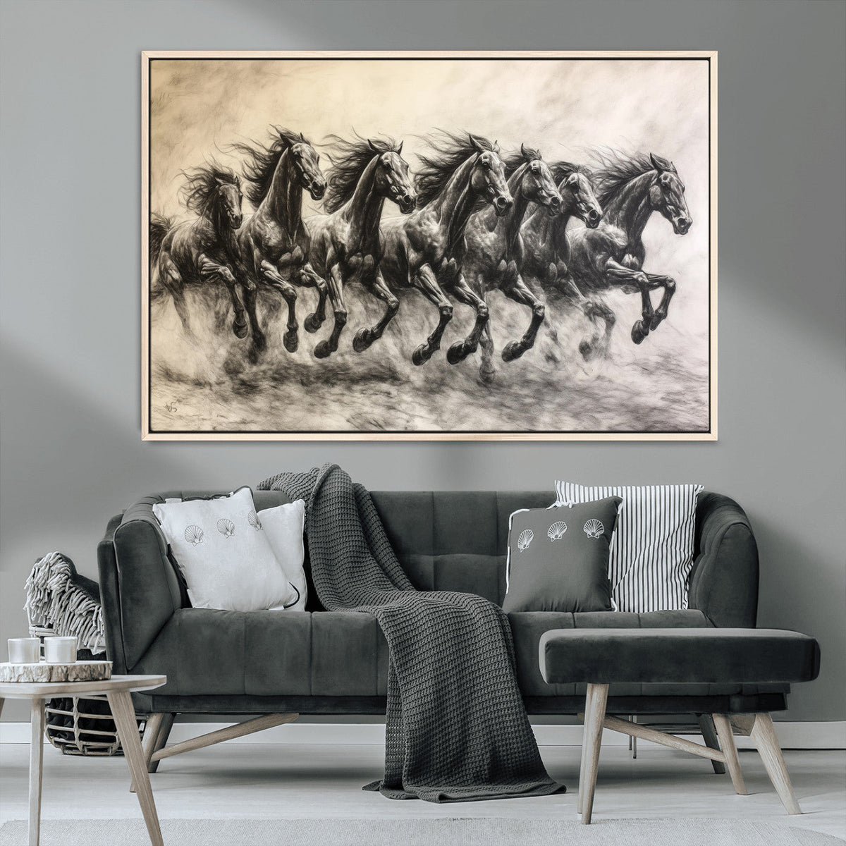 Running Horses Wall Art Canvas Print, Framed Monochrome Galloping Herd Sketch