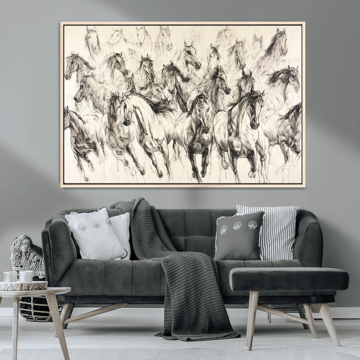 Abstract Horse Wall Art Canvas Print, Framed Horse Sketch with Galloping Herd