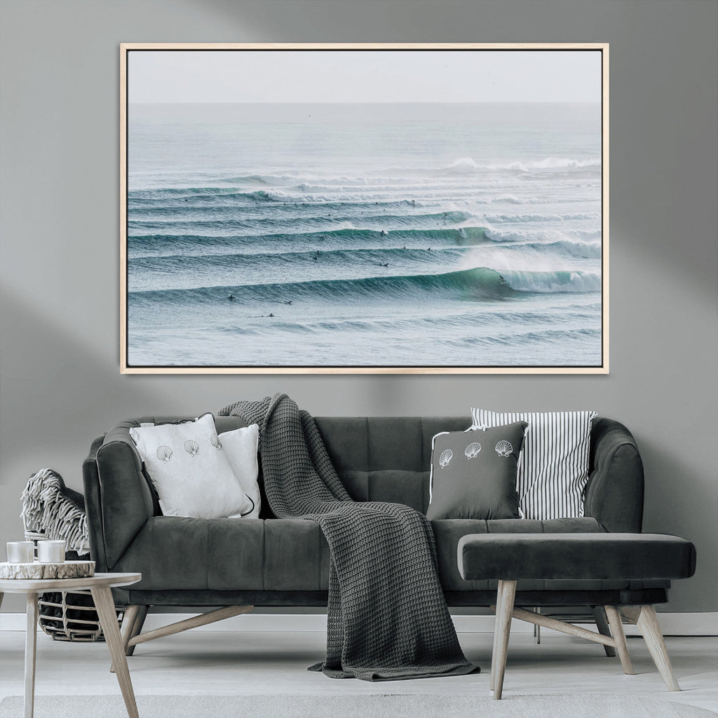 Ocean Waves Wall Art Canvas Print, Framed Surfer Lineup on a Crowded Ocean