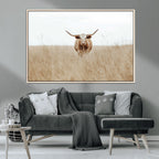 Texas Longhorn Wall Art Canvas Print, Framed Lone Cattle and Longhorn Bull Scene