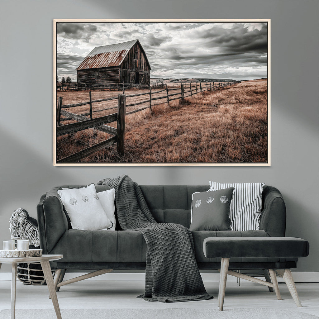 Rustic Barn Wall Art Canvas Print, Framed Moody Field Scene