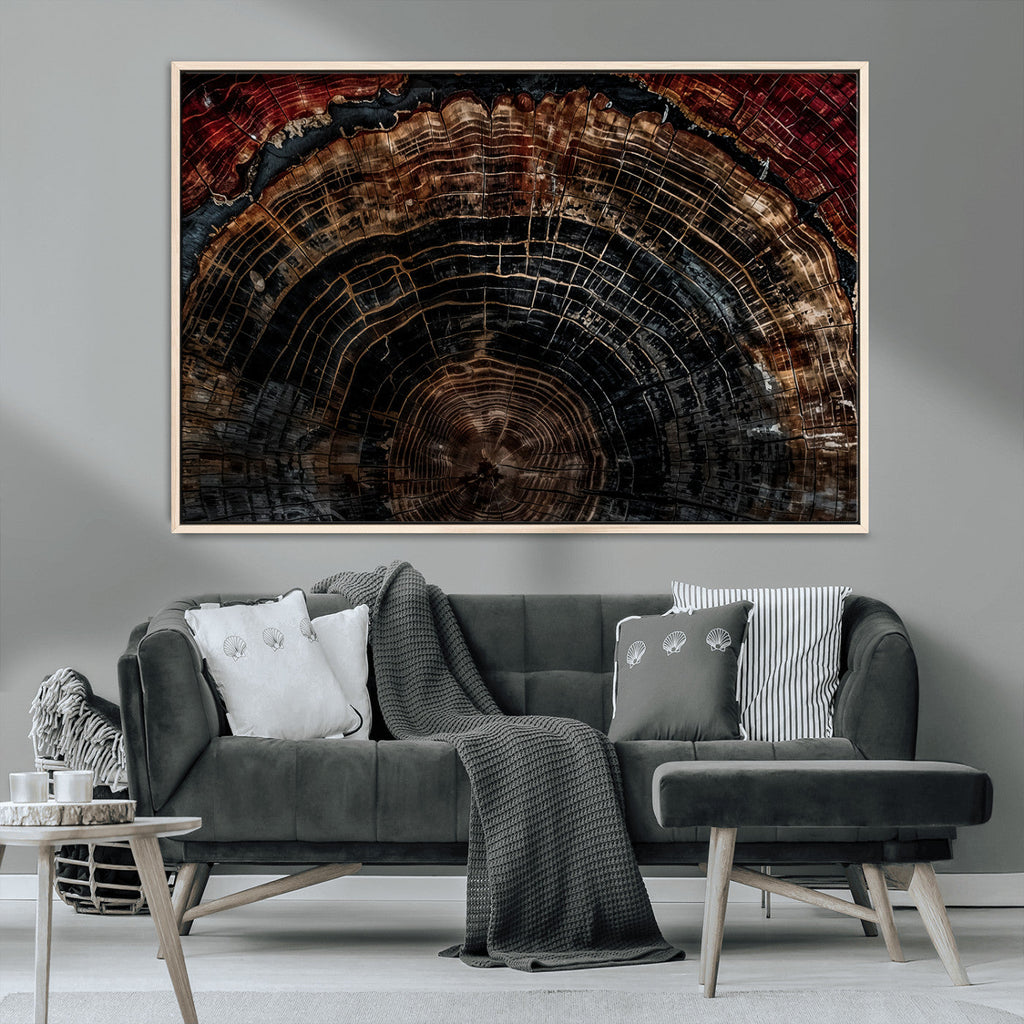 Dark Wood Ring Wall Art Canvas Print, Framed Abstract Tree Slice Print, Rustic Wood Grain Decor
