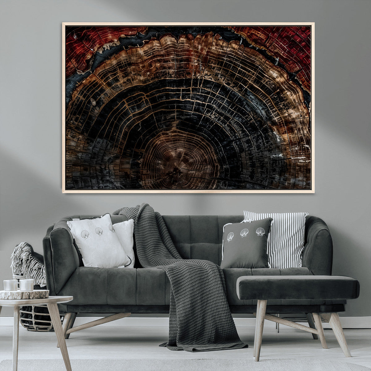 Dark Wood Ring Wall Art Canvas Print, Framed Abstract Tree Slice Print, Rustic Wood Grain Decor
