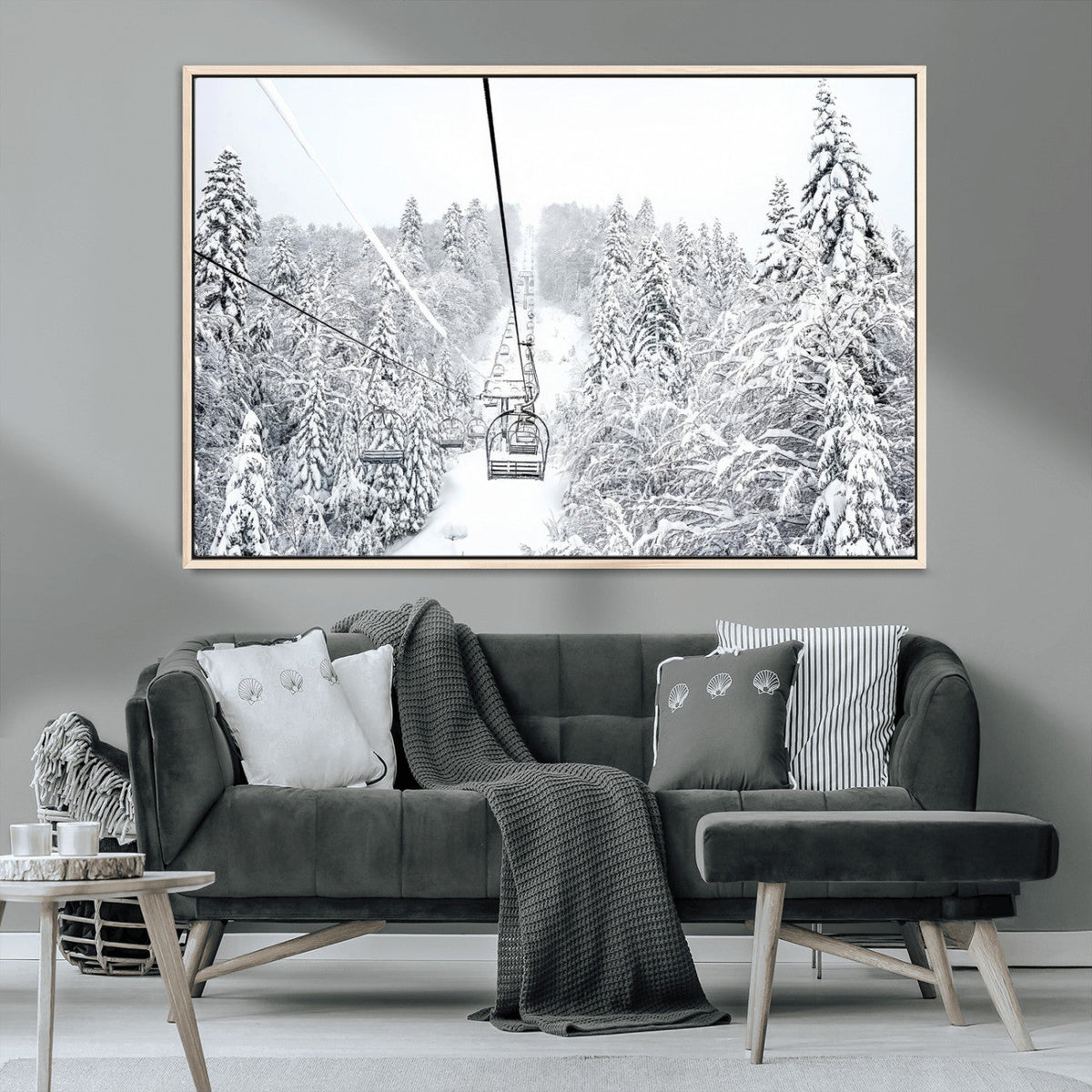 Snowy Ski Lift Wall Art | Framed Winter Mountain Canvas
