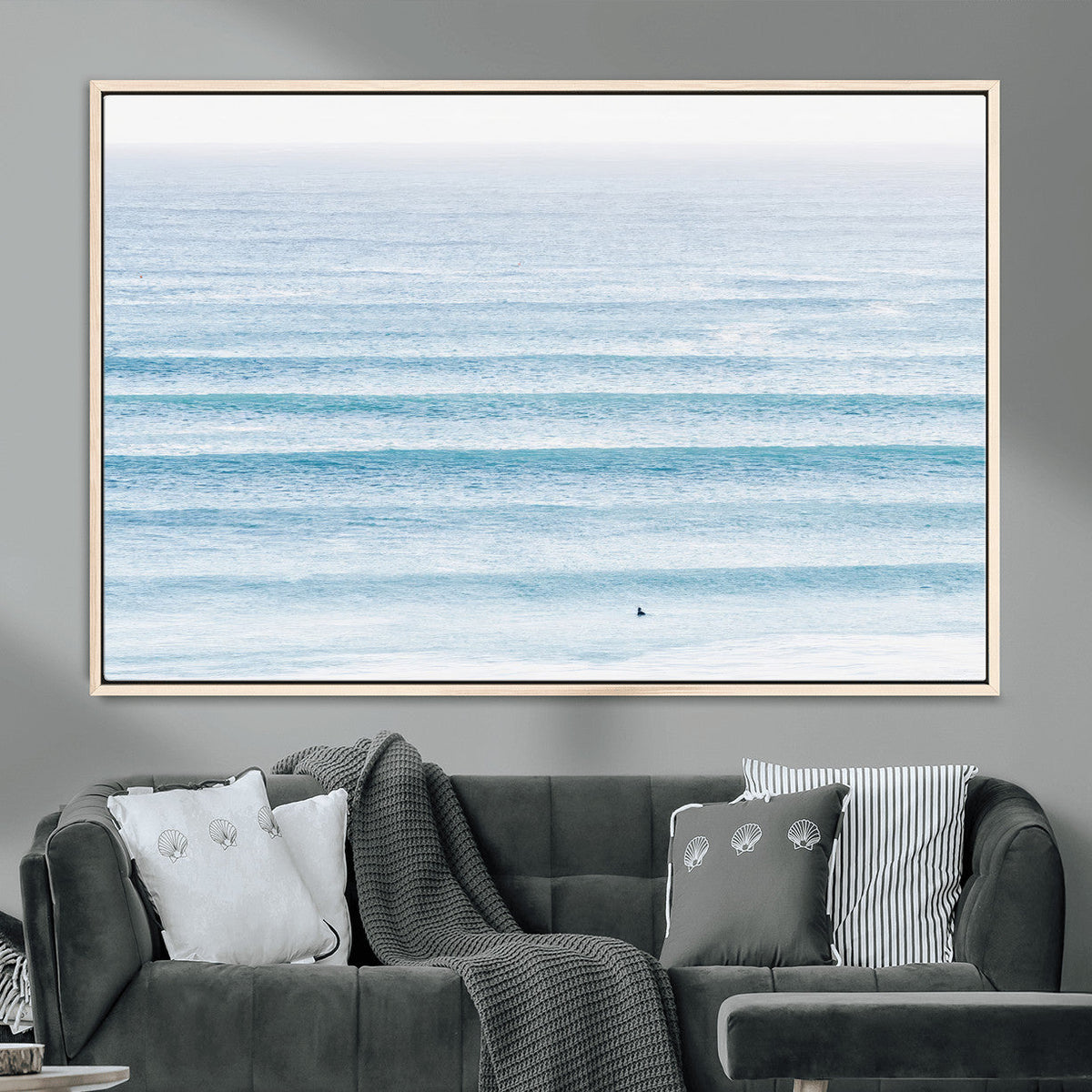 Ocean Wave Surfer Wall Art | Framed Minimal Seascape Canvas