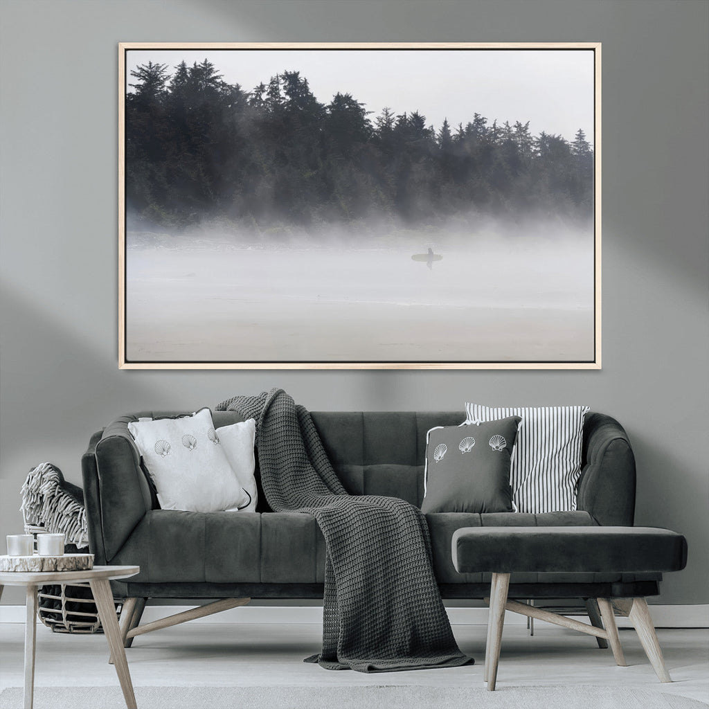 Surfer Fog Wall Art Canvas Print, Framed Foggy Beach and Coastal Surf Scene