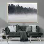 Surfer Fog Wall Art Canvas Print, Framed Foggy Beach and Coastal Surf Scene