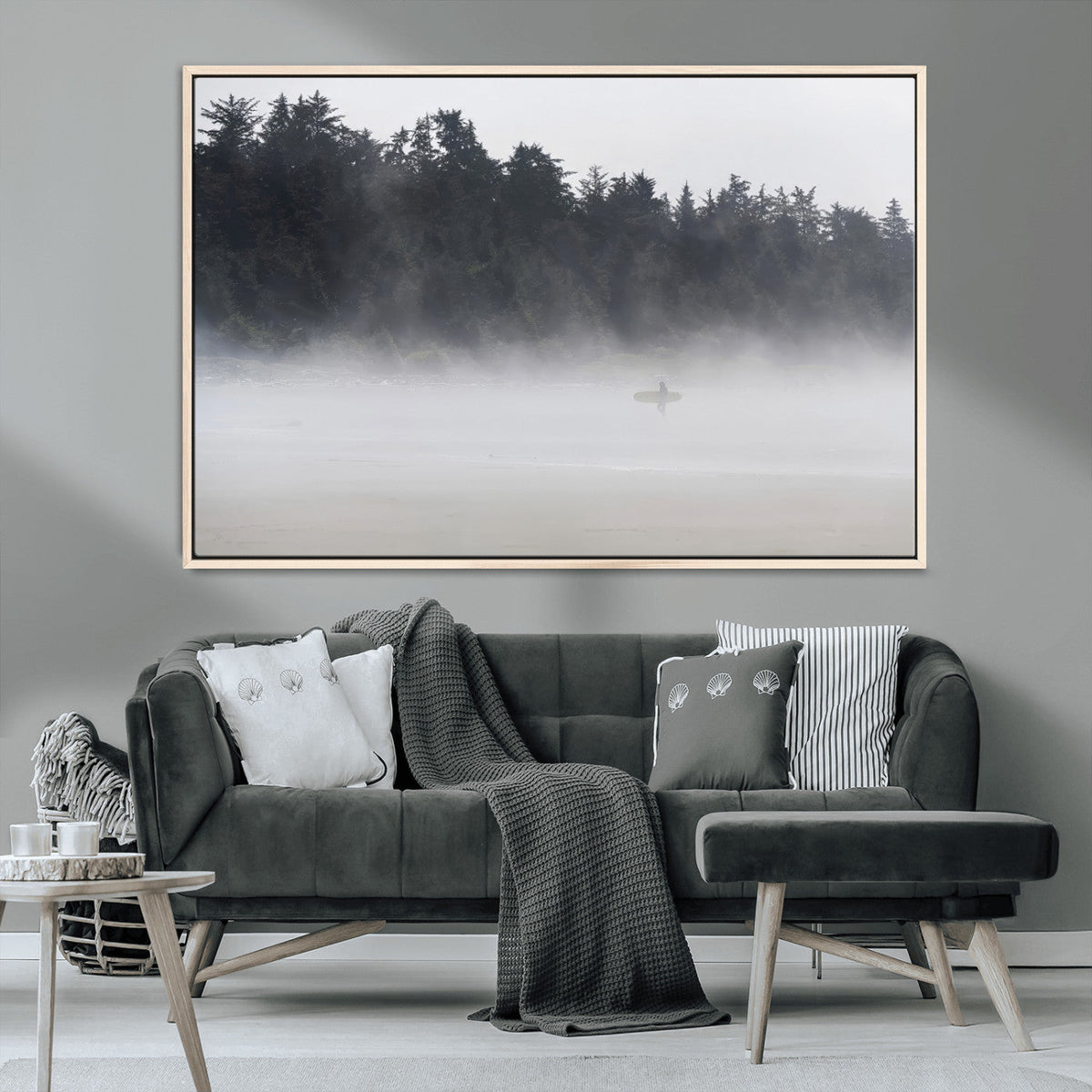 Surfer Fog Wall Art Canvas Print, Framed Foggy Beach and Coastal Surf Scene