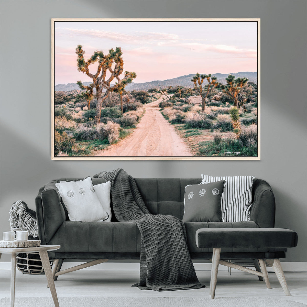 Joshua Tree Wall Art Canvas Print, Framed Desert Road Scene at Sunset