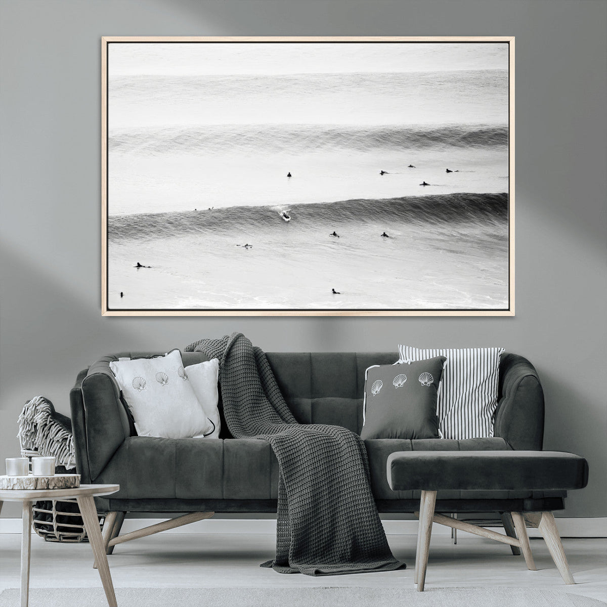 Black White Ocean Wall Art Canvas Print, Framed Coastal Sport and Ocean Swimmers Scene
