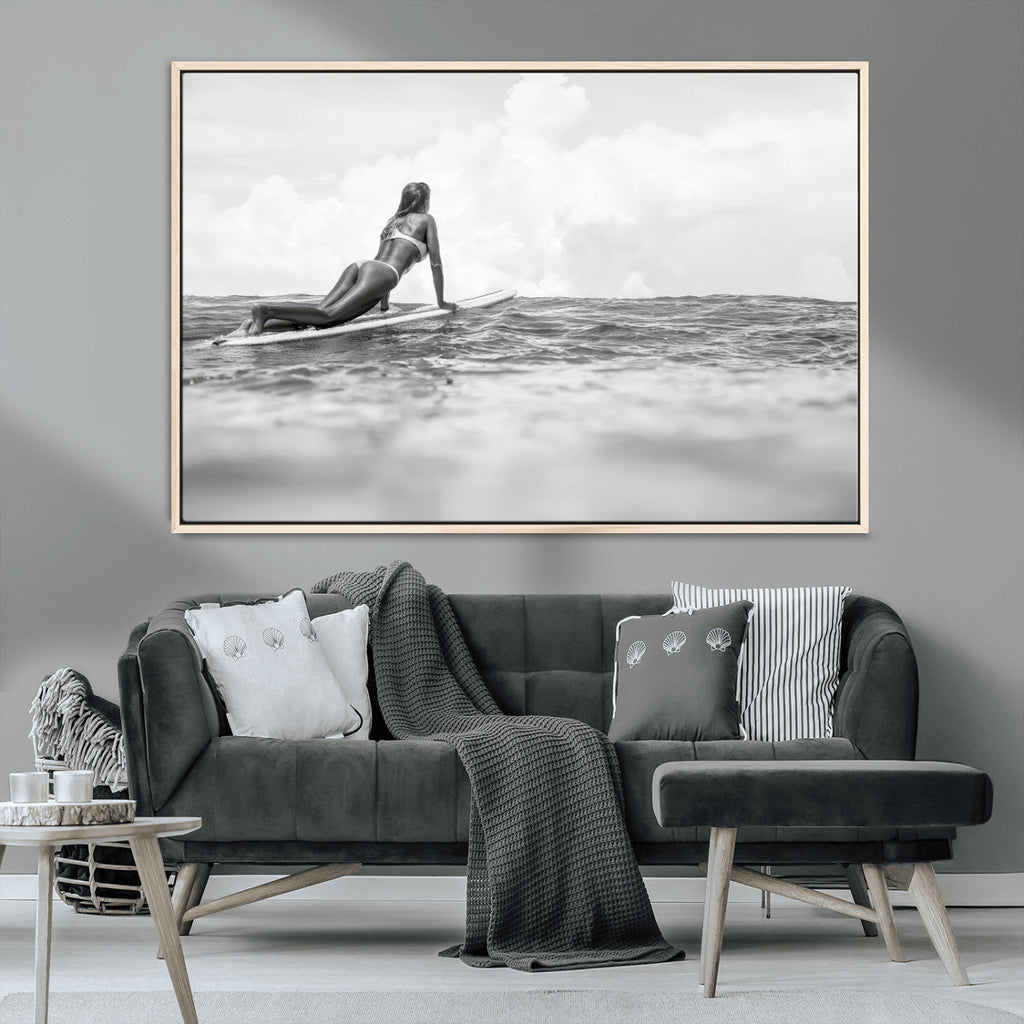 Black and White Surfing Wall Art Canvas Print, Framed Ocean Horizon Surfer Girl