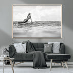 Black and White Surfing Wall Art Canvas Print, Framed Ocean Horizon Surfer Girl