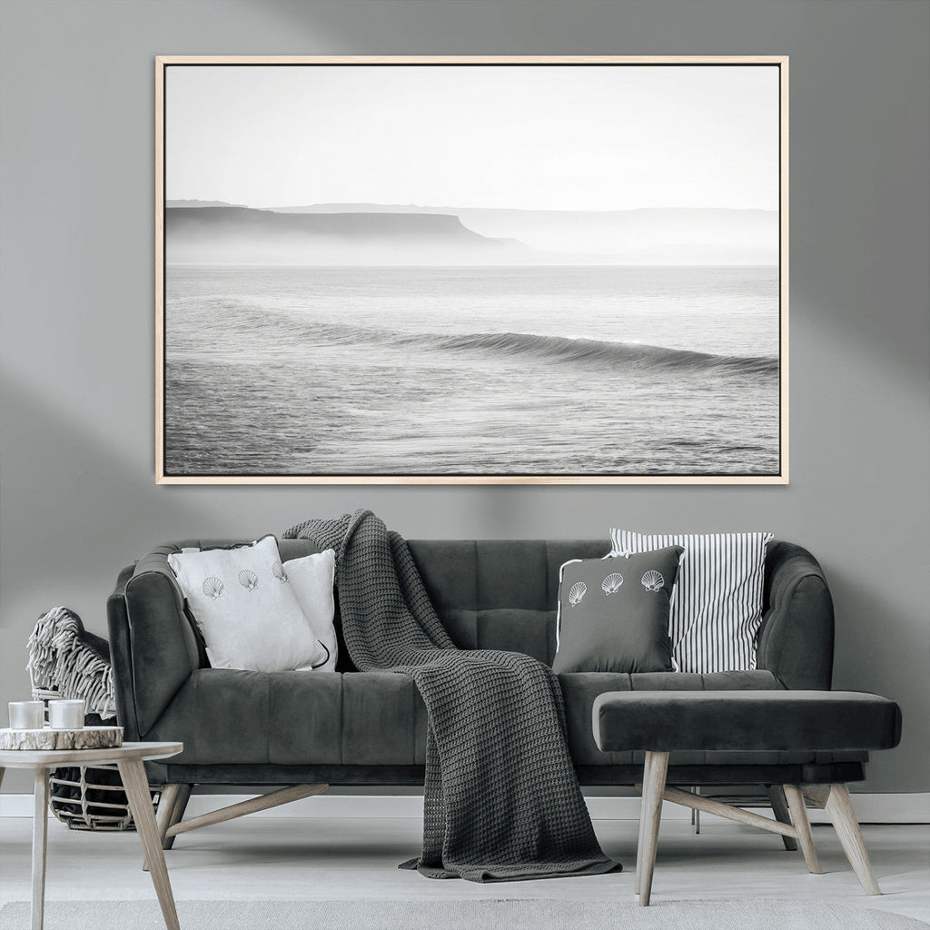 Black and White Seascape Wall Art Canvas Print, Framed Misty Ocean Waves