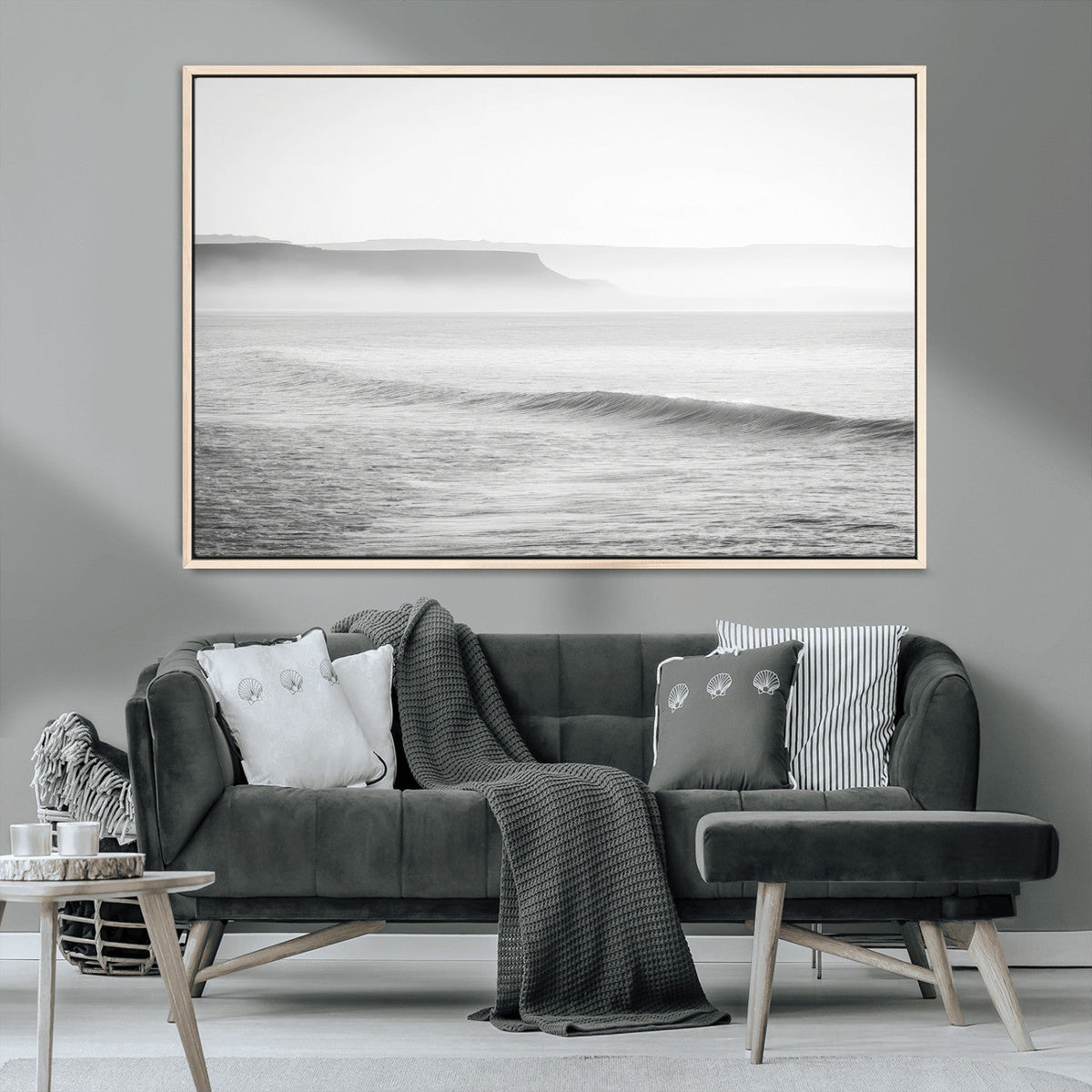 Black and White Seascape Wall Art Canvas Print, Framed Misty Ocean Waves