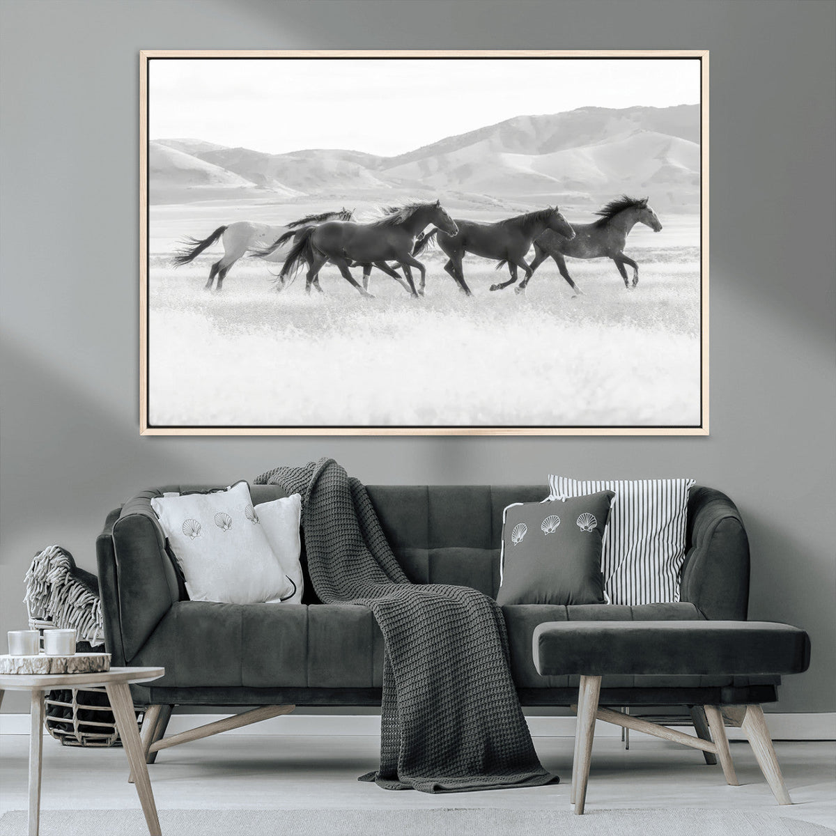 Wild Horses Running Wall Art Canvas Print, Framed Black White Mustangs Artwork