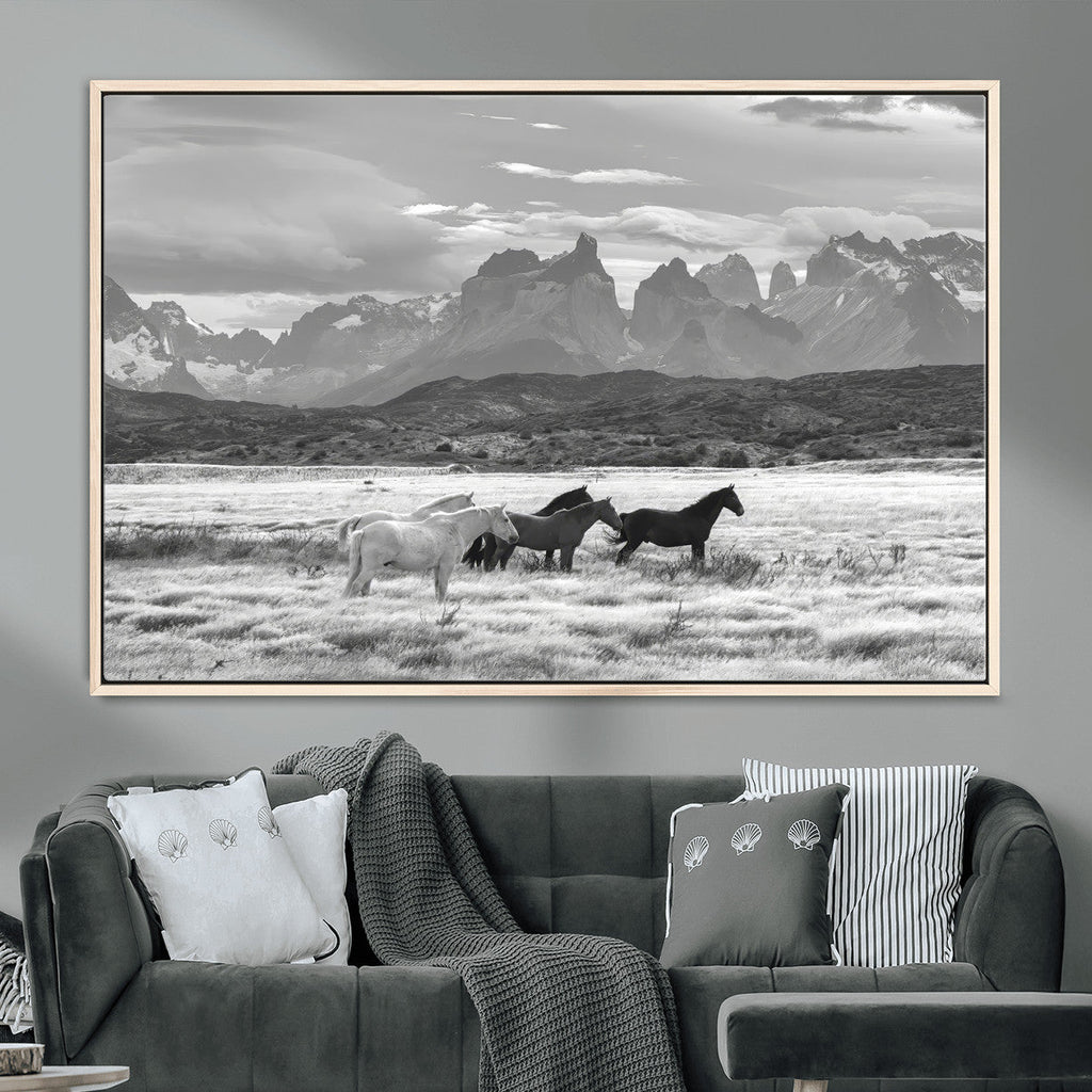 Wild Horses Wall Art | Framed Black White Mountain Canvas