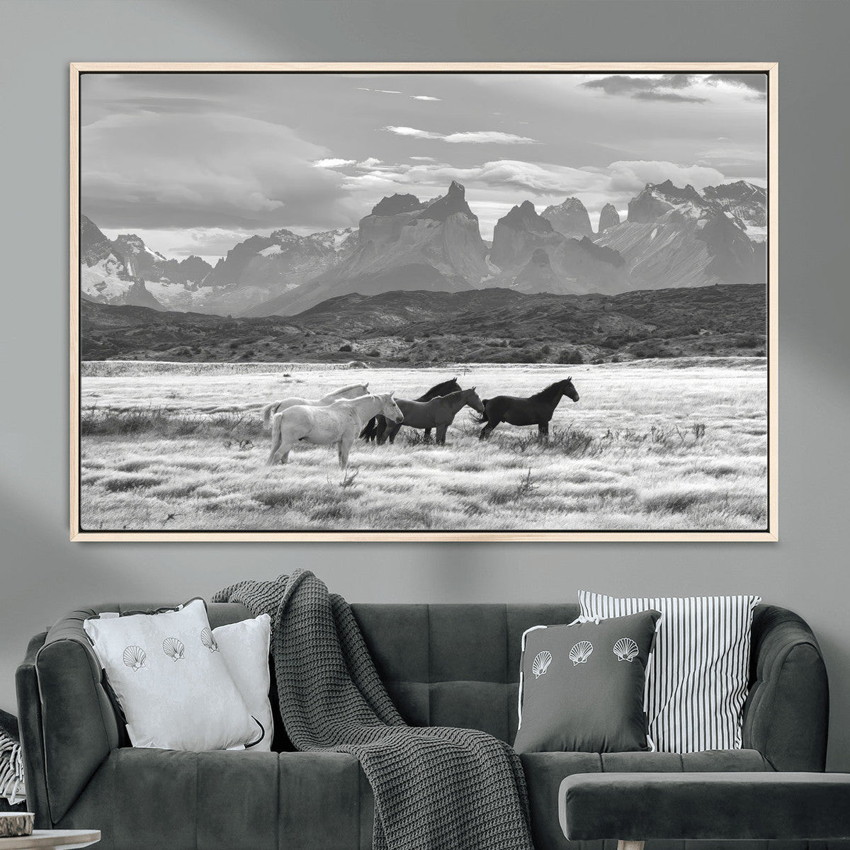 Wild Horses Wall Art | Framed Black White Mountain Canvas