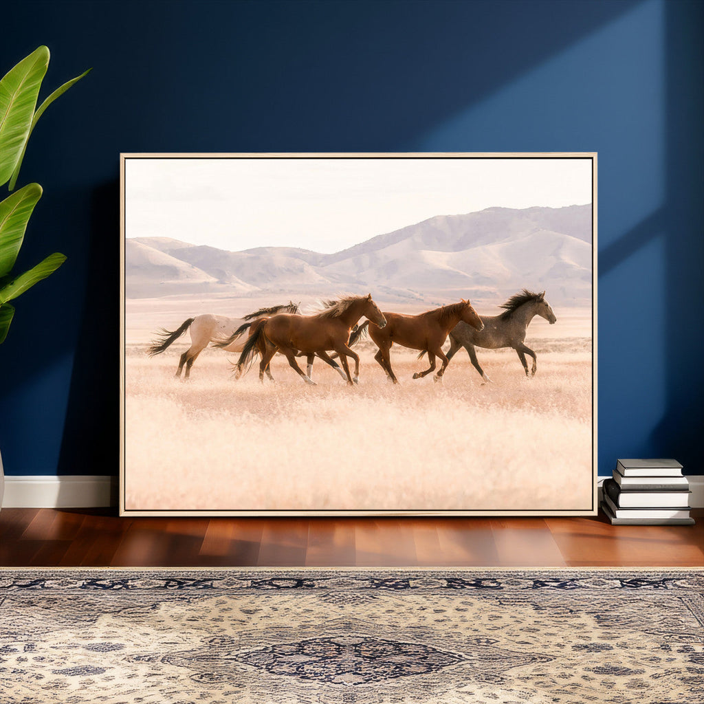 Wild Horse Wall Art Canvas Print, Framed Rustic Western Art, Desert Horse Scene