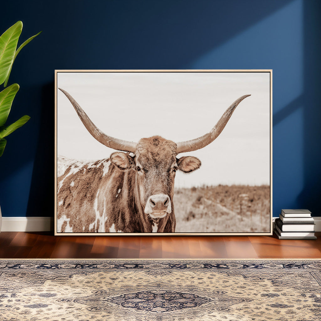 Longhorn Cow Wall Art Canvas Print, Framed Texas Ranch Print, Western Bull Art, Cowboy Decor