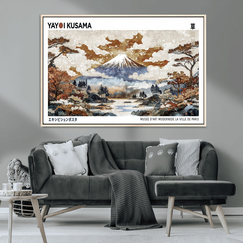 Modern Japanese Mount Fuji Canvas Art Print, Yayoi Kusama Wall Art, Framed Abstract Japanese Landscape