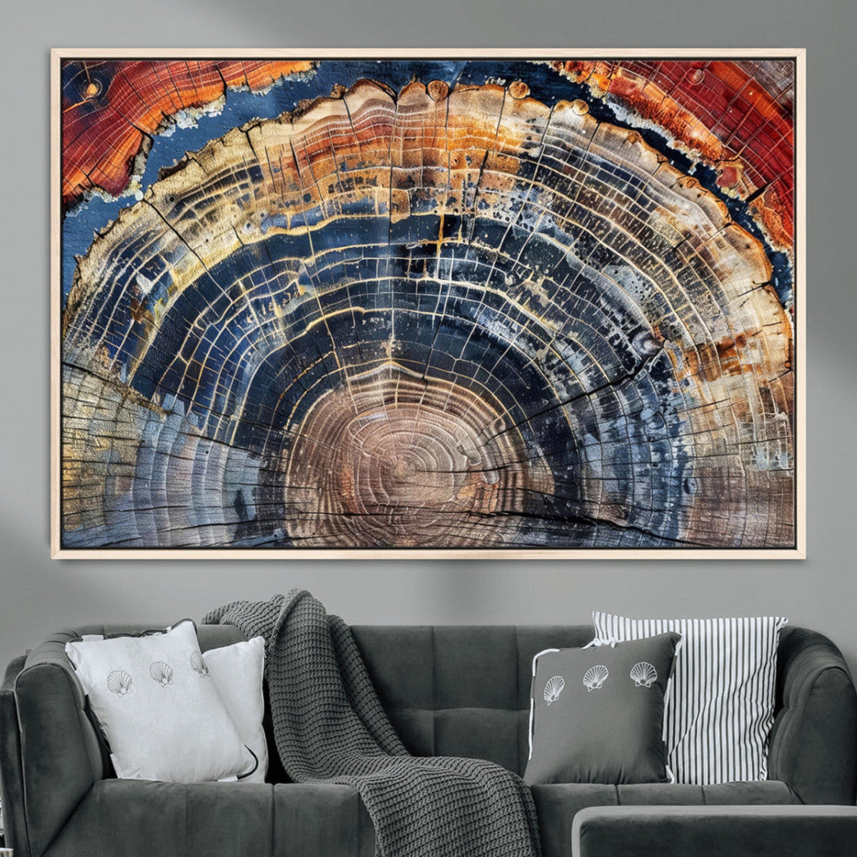 Tree Rings Wall Art Canvas Print, Framed Petrified Wood Modern Rustic