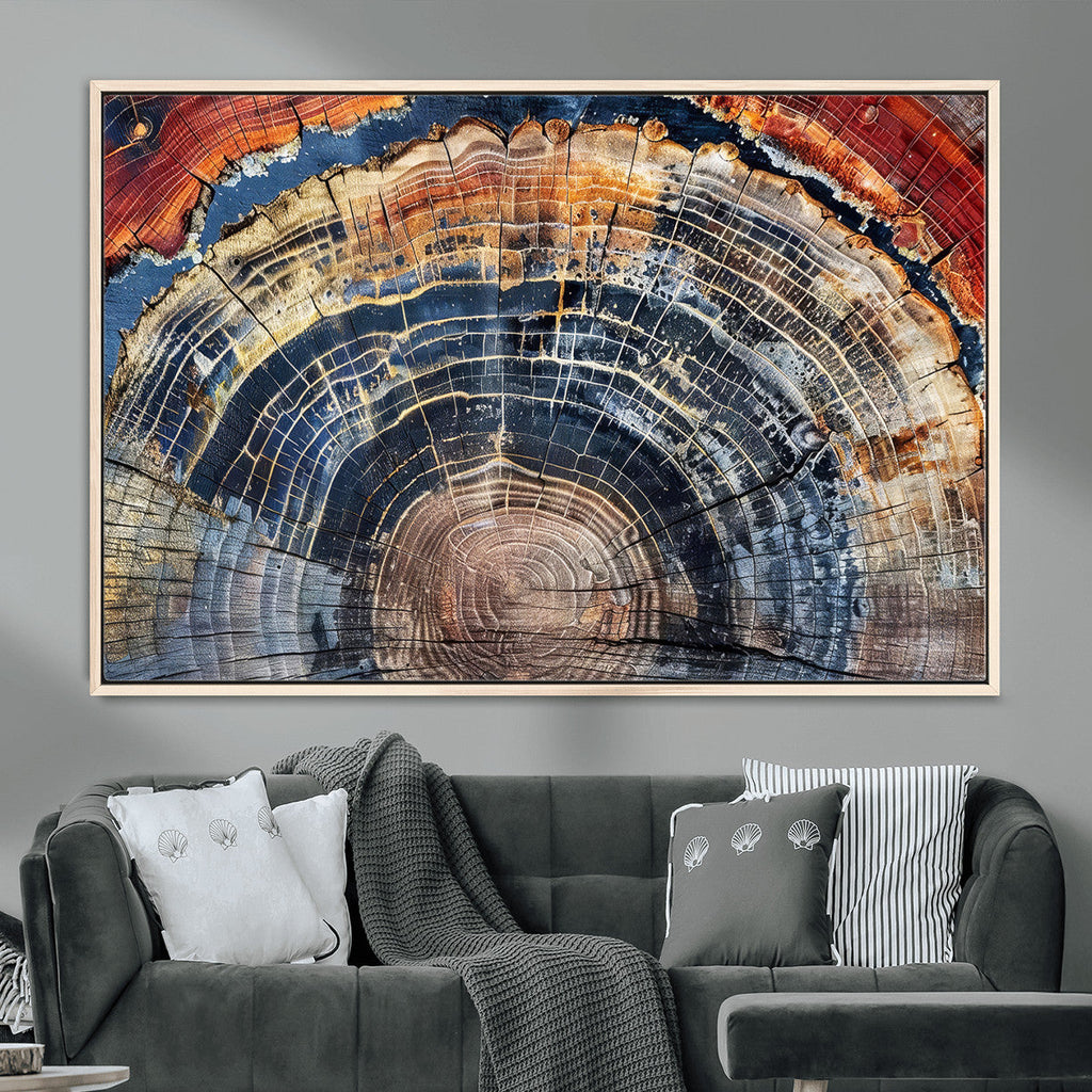 Tree Rings Wall Art Canvas Print, Framed Petrified Wood Art, Modern Rustic Decor