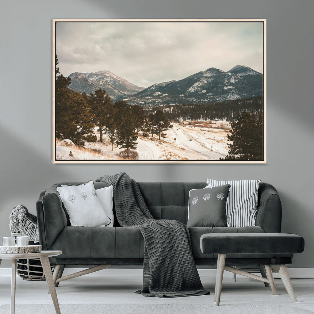 Mountain Landscape Wall Art Canvas Print, Framed Snowy Peaks Alpine Winter
