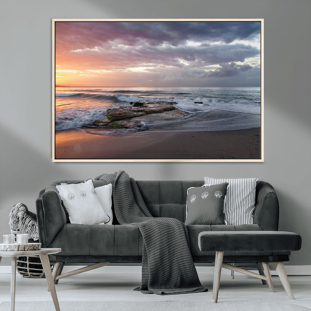 Golden Hour Wall Art Canvas Print, Framed Tranquil Waves Beach Sunset