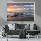 Golden Hour Wall Art Canvas Print, Framed Tranquil Waves Beach Sunset