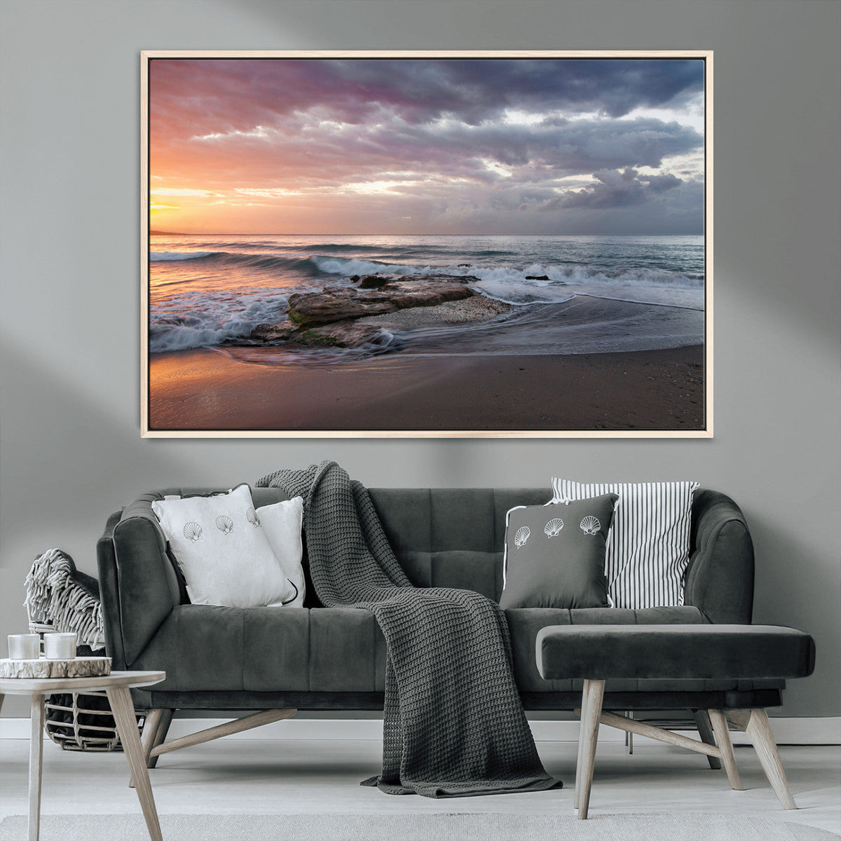 Golden Hour Wall Art Canvas Print, Framed Tranquil Waves Beach Sunset
