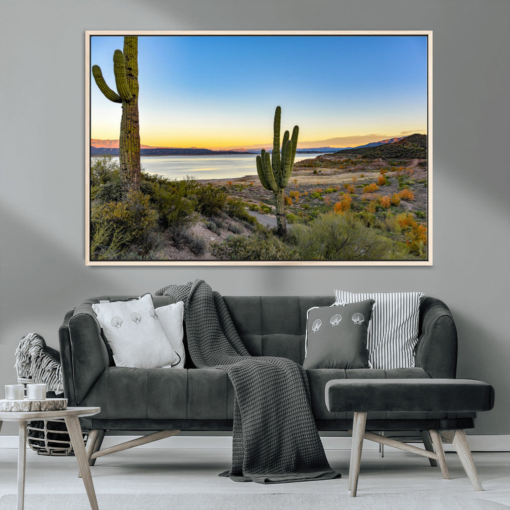 Saguaro Cactus Wall Art Canvas Print, Framed Desert Sunset Southwestern