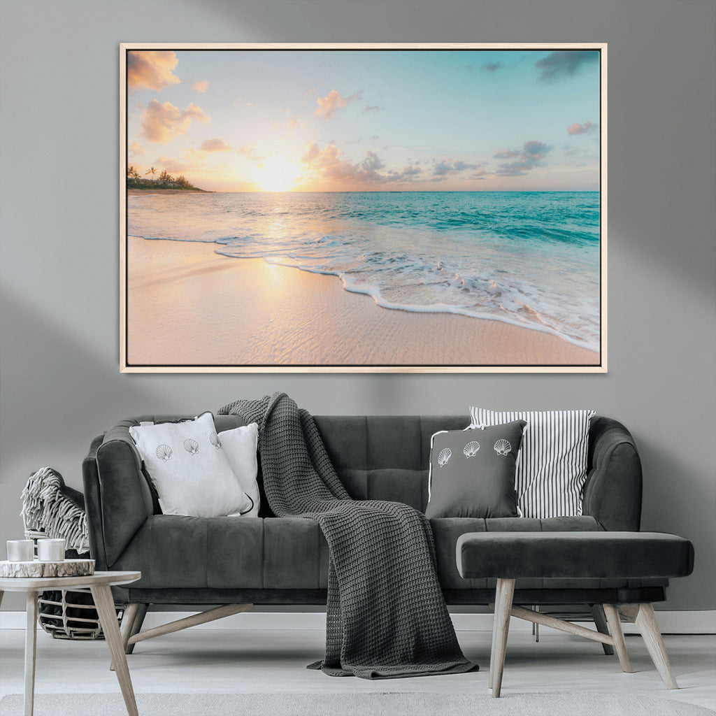 Beach Sunset Wall Art Canvas Print, Framed Ocean Waves Summer Escape